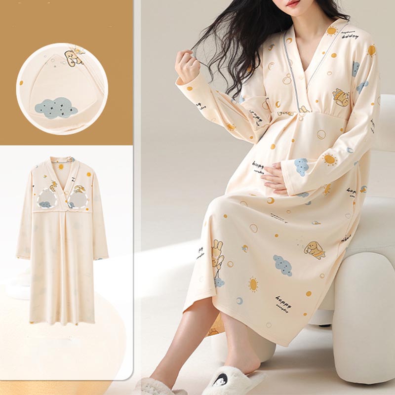 Maternity Wear - Maternity Spring and AutumnCotton Nursing Nightdress